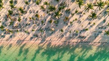 带棕榈树和白沙的加勒比海热带海滩的空中录像。 在巴瓦罗<strong>度假</strong>区旅游<strong>度假</strong>.. 蓬塔·卡纳